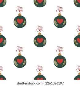 Christmas tree toys. Cute green balls with red hearts and golden branches. Winter festival seamless pattern. 