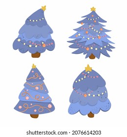 christmas tree with toys and decorations, new year and christmas holiday night, winter nature and trees