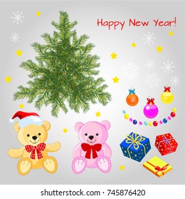 Christmas tree, toys,  decorations, teddy bear, garland, snowflakes, stars. Set of New Year and Christmas attributes.