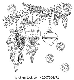 Weihnachtsbaumspielzeug mit einem doodlen Muster, einer Schleife und einem Tannenzweig auf weißem Hintergrund. Farbbuch für Kinder und Erwachsene. Handzeichnung von Druckerzeugnissen