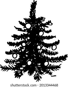 A Christmas tree with toys drawn by hand. Vector black and white illustration. Doodle, sketch, graphics.