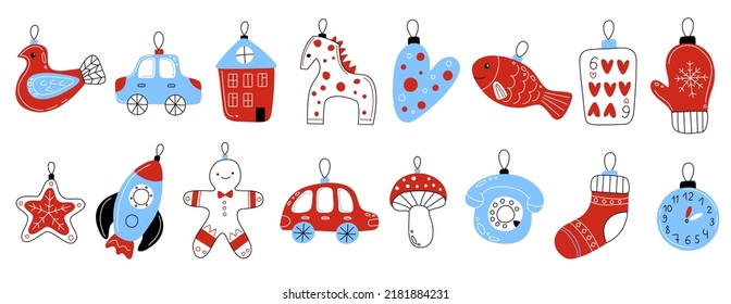 Christmas tree toys. Funny xmas decorations, holiday elements, winter house, cute animals, mitt and horse, festive patterned baubles, hand drawn elements, swanky vector doodle isolated set