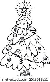 A Christmas tree with toys and garlands. Vector art illustration. Coloring book, children's illustration, web applications and design, postcard.