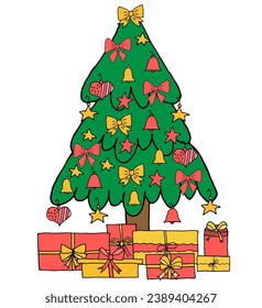 Christmas tree with toys and gift boxes in hand drawn style. Vector illustration