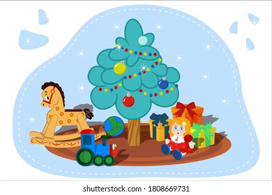 Christmas tree with toys and gifts for kids, doll and horse, ball and steam train for boy