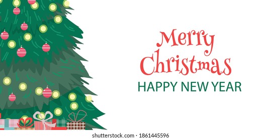 Christmas tree with toys and gifts. New year greeting card. Vector illustration in flat style