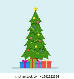 Christmas tree with toys and gifts on a green background