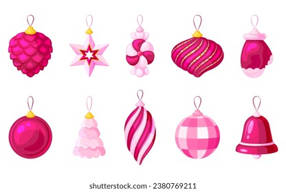 El árbol de Navidad juguetes de vidrio vacaciones conjunto plano. Decoración de Año Nuevo color rosa rojo caramelo de oro estrella de pino cazo picor campanilla espiral regalo elemento de fiesta de diseño aislado 