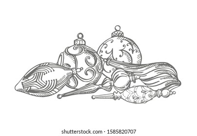 Christmas tree toys. Hand drawn illustration. New year and Christmas design elements. Greeting card invitation with xmas graphic. Vintage illustration.