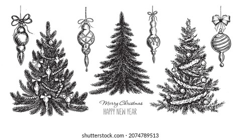 Christmas tree, toys, hand drawn style, vector illustration.