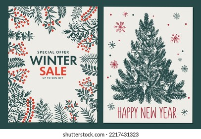 Christmas tree, toys, hand drawn style, vector illustration