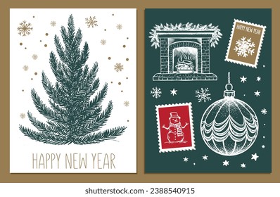 Christmas tree, toys, hand drawn style, vector illustration
