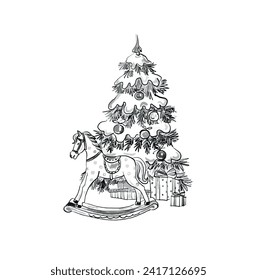 Christmas tree with toys. Hand drawn illustration, Christmas card design