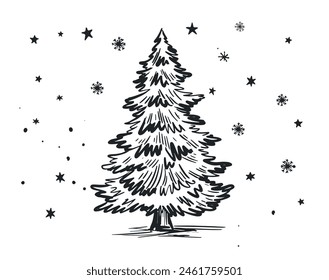 Christmas tree, toys, hand drawn style, vector illustration