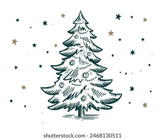 Christmas tree, toys, hand drawn style, vector illustration	