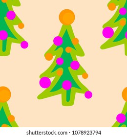 Christmas tree with toys. Happy New Year seamless pattern. Vector illustration.