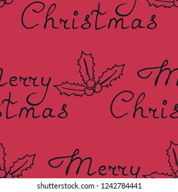 Christmas tree toys, holly pattern with handwritten lettering merry christmas