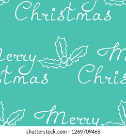 Christmas tree toys, holly pattern with handwritten lettering merry christmas