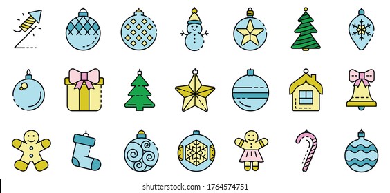 Christmas tree toys icons set. Outline set of Christmas tree toys vector icons thin line color flat isolated on white