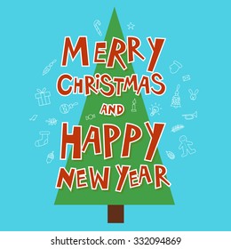 Christmas tree toys and inscription Merry christmas and a happy new year. Thin line. Poster, banner, card. Flat design vector illustration.