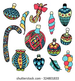 Christmas tree toys, isolated color vector art illustration icon.