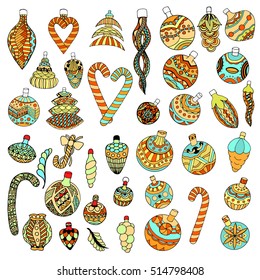 Christmas tree toys, isolated color vector art illustration icon.