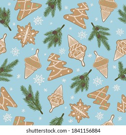 Christmas tree toys made of gingerbread and pine branches with pine cones. Holiday seamless pattern with Christmas motif. Classic style Christmas ornament. 