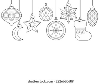 
Juguetes de árbol de Navidad. Año nuevo. Navidad. Colores. Ilustración vectorial en blanco y negro.