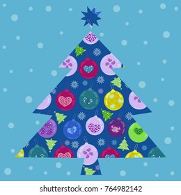 Christmas tree with toys on a blue background with snowflakes