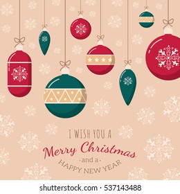Christmas tree toys on snowflakes backdrop. Holiday card template. Retro style for Christmas and New Year design.