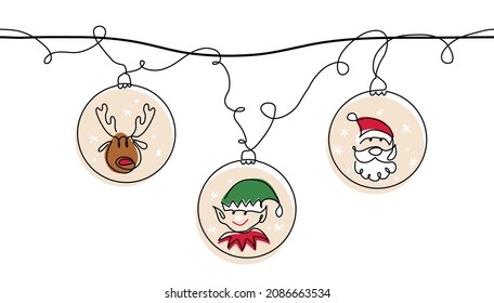 Christmas tree toys, ornaments. Vector garland, decorations. One continuous line art drawing for border design. Cute santa, noel and deer.