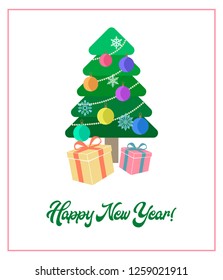 Christmas tree with and toys and present boxes card/ Happy New Year card/ Multicolor vector flat invitation