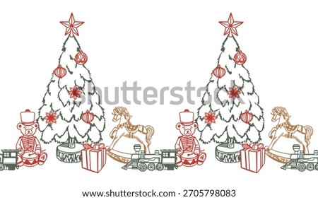 Christmas tree and toys seamless border. Rocking horse, teddy bear gift and train. Hand drawn pastel line art vector illustration for New Years cards. Also suitable for window stickers and banners.