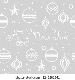 Christmas tree toys seamless pattern with hadwritten lettering happy new year
