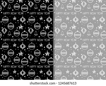 Christmas tree toys seamless pattern with hadwritten lettering happy new year