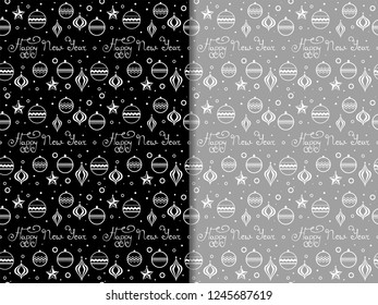 Christmas tree toys seamless pattern with hadwritten lettering happy new year