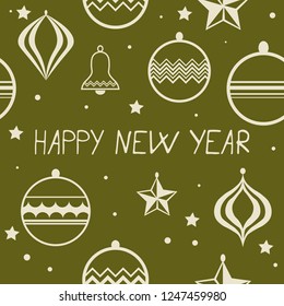Christmas tree toys seamless pattern with hadwritten lettering happy new year