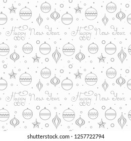 Christmas tree toys seamless pattern with hadwritten lettering happy new year
