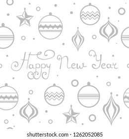Christmas tree toys seamless pattern with hadwritten lettering happy new year