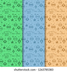 Christmas tree toys seamless pattern with hadwritten lettering happy new year