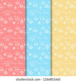 Christmas tree toys seamless pattern with hadwritten lettering happy new year
