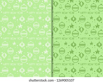 Christmas tree toys seamless pattern with hadwritten lettering happy new year