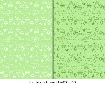 Christmas tree toys seamless pattern with hadwritten lettering happy new year
