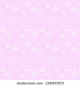 Christmas tree toys seamless pattern with hadwritten lettering happy new year