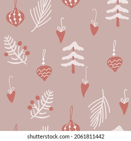 Christmas tree and toys seamless pattern. Happy New Year background with holly leaves, berries and twigs. Winter holidays vector background in Scandinavian Style. For fabric, wrapping paper, postcard.