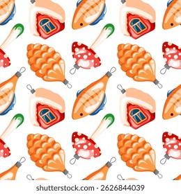 Christmas tree toys seamless pattern in cartoon style. New Year glass balls in shape of fish, house, pine cone and fly agaric. Festive xmas print. Vector illustration isolated on a white background.