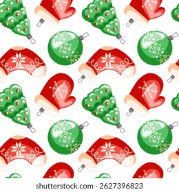 Christmas tree toys seamless pattern in cartoon style. Christmas sock, tree, mitten and balls decoration. New year wallpaper and background design.