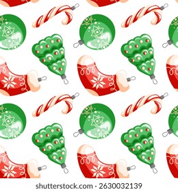 Christmas tree toys seamless pattern in cartoon style. Christmas sock, tree, candy cane and balls decoration for holiday package design on a white background.