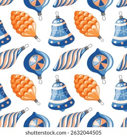 Christmas tree toys seamless pattern in cartoon style. New Year glass balls in shape of pine cone, bell. Festive xmas print on a white background.