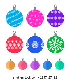 Christmas tree toys set/ Collection of multicolor Christmas tree balls with snowflakes on/ Vector flat